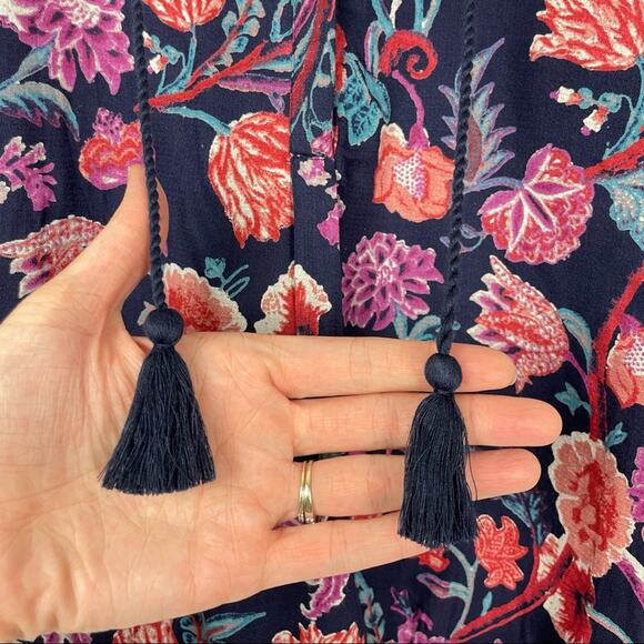 Lucky Brand | Navy Colorful Floral Print Boho Popover Tassels Long Sleeve Top - Picture 9 of 12